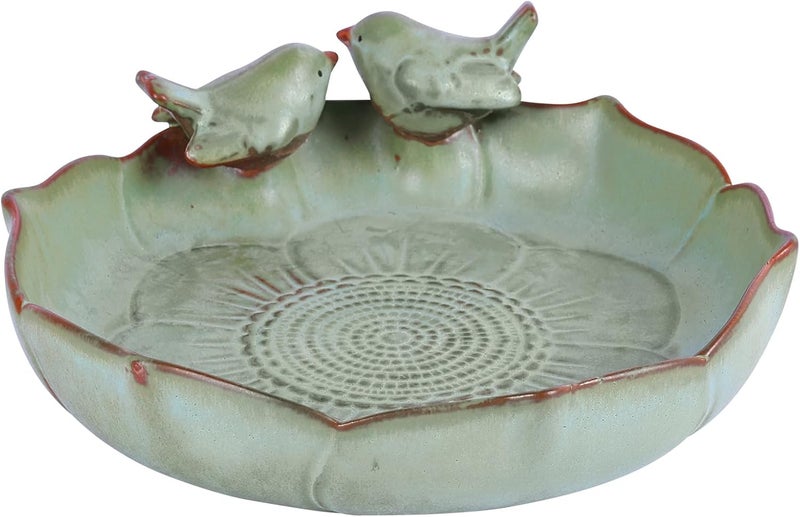 UANYEMON Ceramic Bird Bath Bowl with Perched Birds - Premium Outdoor Tabletop Birdbath Basin in Weather-Resistant Glaze - Usable on Ground, Deck or Tabletop - Image 1