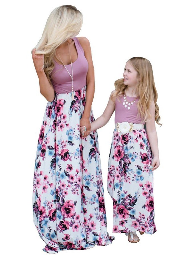 Askwind Mommy and Me Dresses Casual Floral Family Outfits Summer Matching Maxi Dress, Purple, 5-6 Years - Image 1