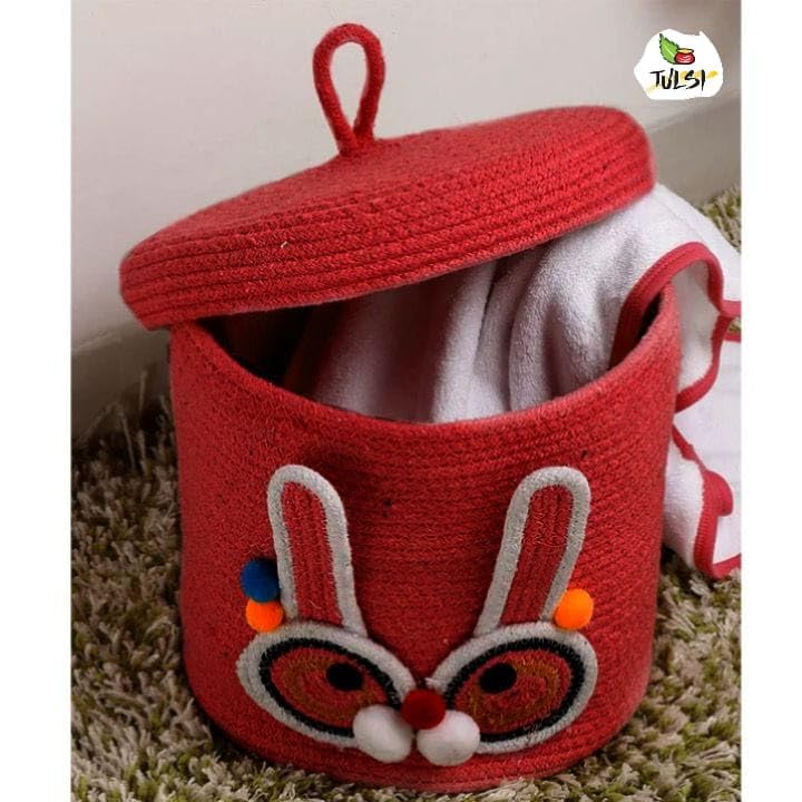 Rosslyn Kids Lid Basket with Beautiful Characters - Rope Storage Basket for Baby Diaper, Stuffed Animal Storage Bin Rope Basket for Kids Toy, Baby Laundry Baskets with lid - Red Rabbitt - Image 1