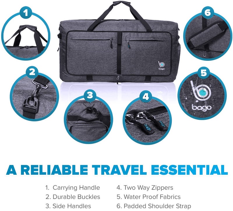 Bago Large Foldable Duffel Bags For Traveling Women & Men - 120L Packable Duffle Bag For Travel With Shoe Compartment - Water Repellant  Heavy Duty  Lightweight Folding & Collapsible (Snowblack) - Image 4