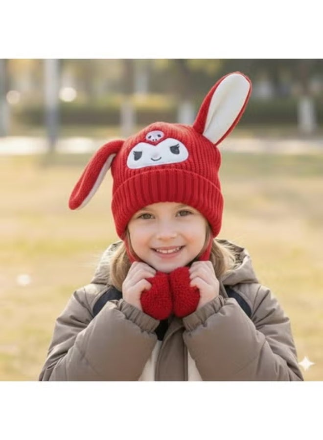 zoba Cute cartoon design winter hat for kids - soft wool hat with a push mechanism to move the ears - interactive and fun for children - warm and lightweight with push balls at the ends - suitable for girls and boys (red) - Image 2