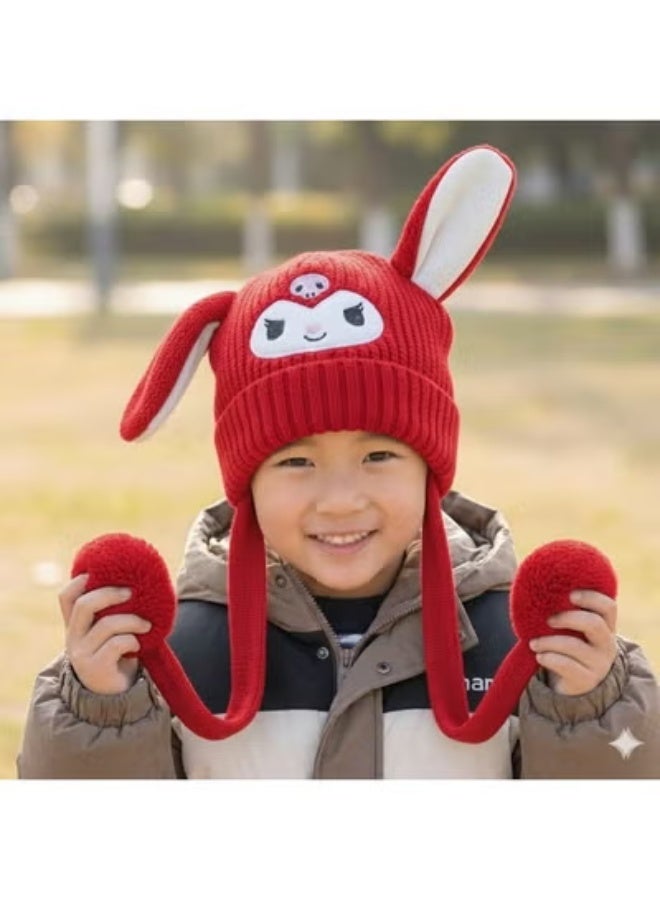 zoba Cute cartoon design winter hat for kids - soft wool hat with a push mechanism to move the ears - interactive and fun for children - warm and lightweight with push balls at the ends - suitable for girls and boys (red) - Image 3