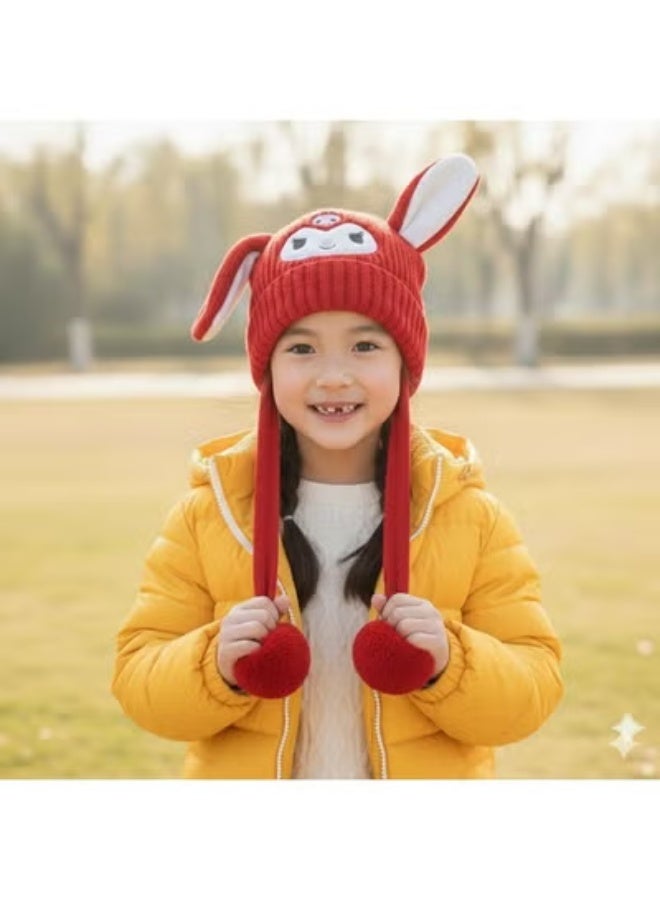 zoba Cute cartoon design winter hat for kids - soft wool hat with a push mechanism to move the ears - interactive and fun for children - warm and lightweight with push balls at the ends - suitable for girls and boys (red) - Image 4