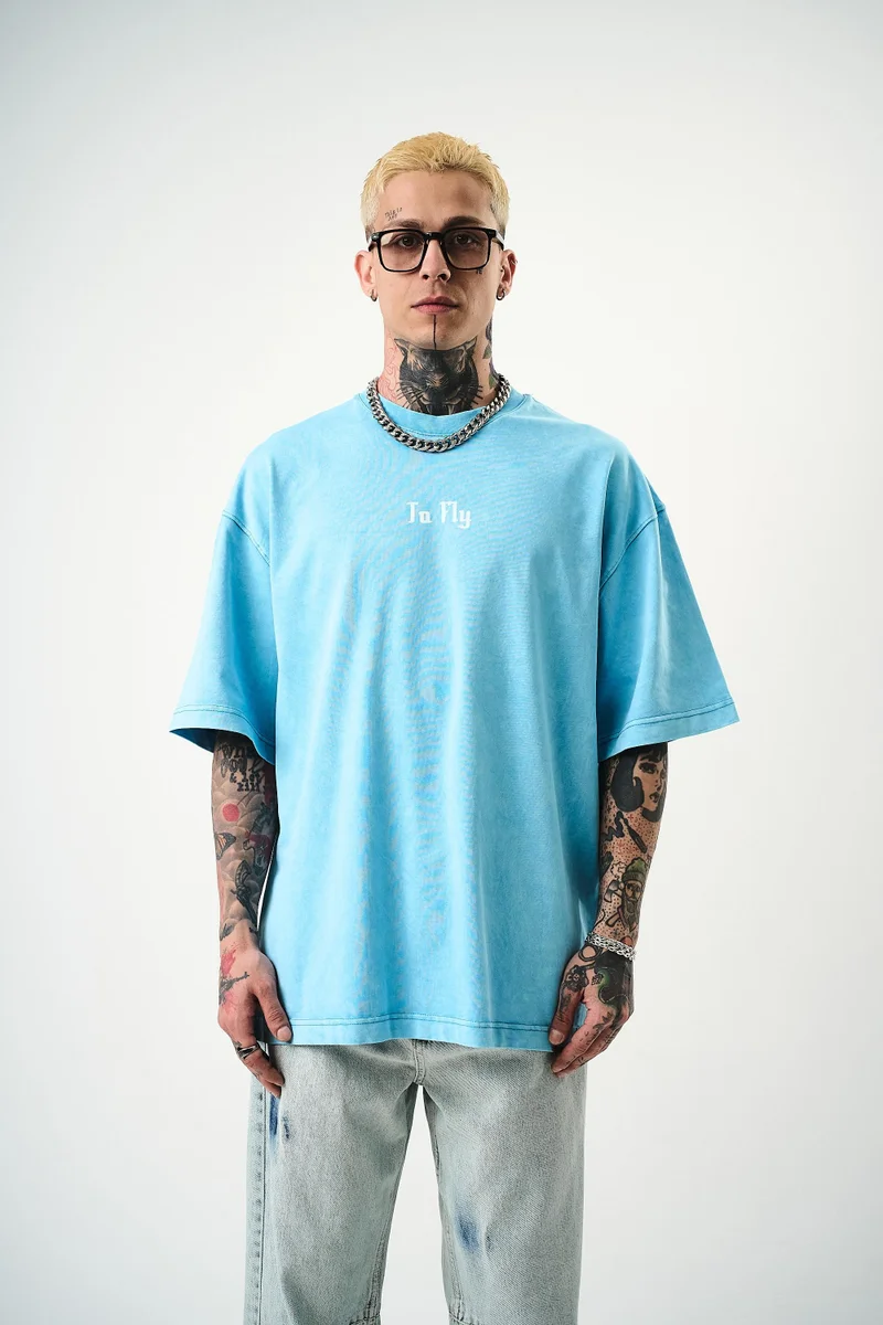 ريسباير تي شيرت رجالي مقاس كبير (Oversize) مغسول بطبعة "To Fly"، أزرق
