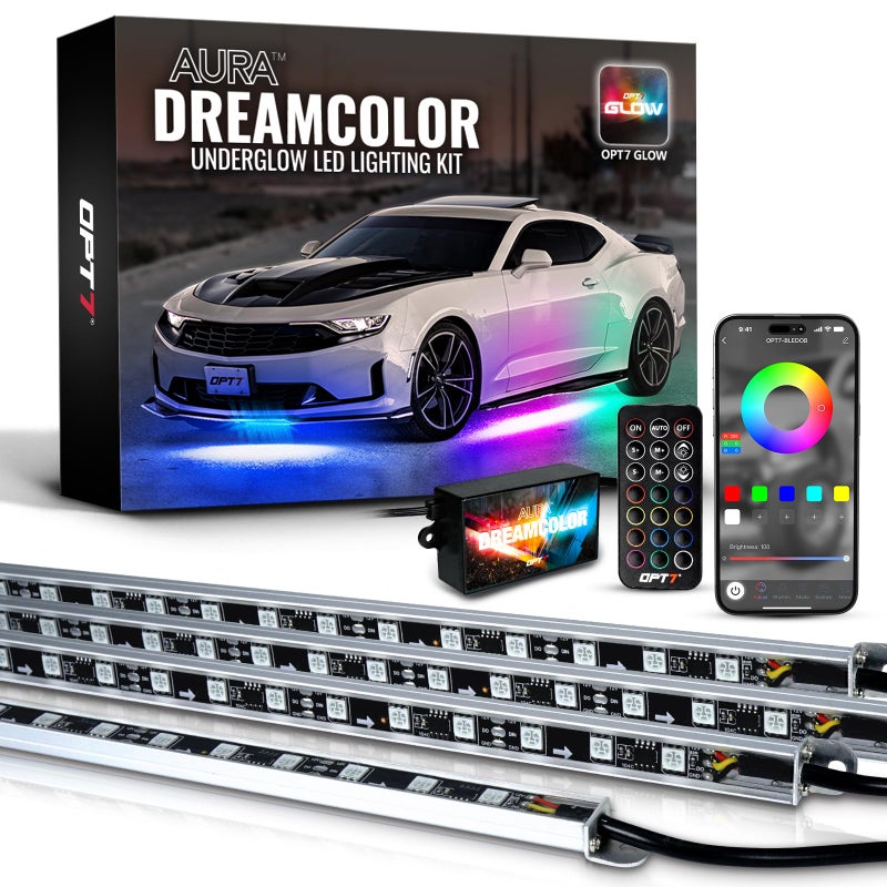 OPT7 Aura DreamColor Underglow Chasing Lights for Car with APP Remote Control Waterproof Rigid Aluminum LED Light Bar Exterior Neon Accent Underbody RGBIC Light Kit Multi Colors Music Mode 12V