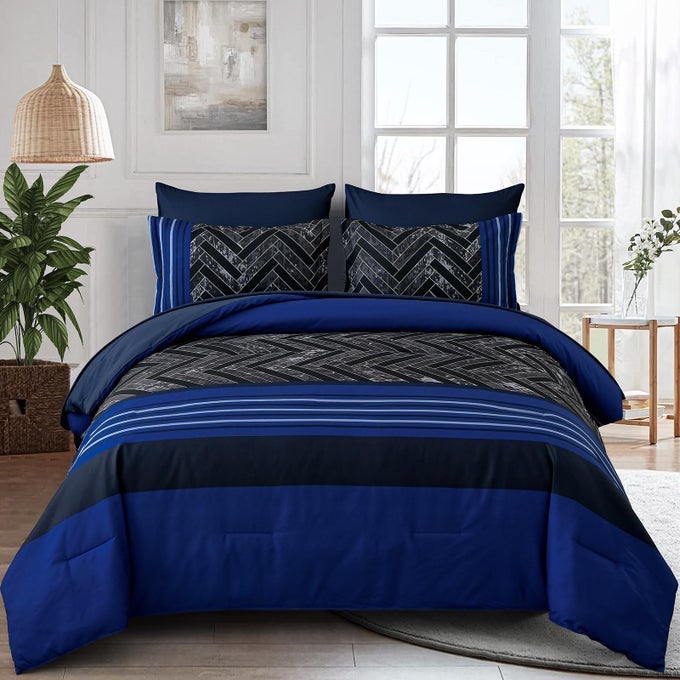 BLUE COMFORTER SET KING SIZE 7 PIECES STRIPE GEOMETRIC BED IN A BAG GEOMETRIC COMFORTER AND SHEET SET SOFT MICROFIBER COMPLETE BEDDING SETS FOR ALL SEASONS
