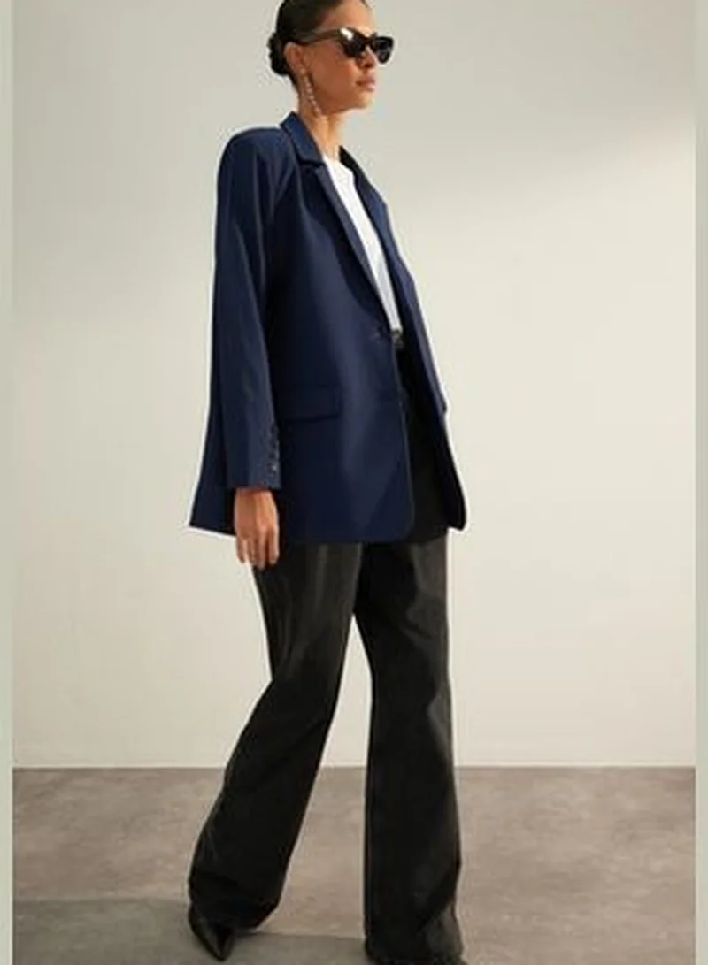 trendyol Navy Blue Premium Oversize Lined Woven Blazer Jacket TWOAW24BC00046