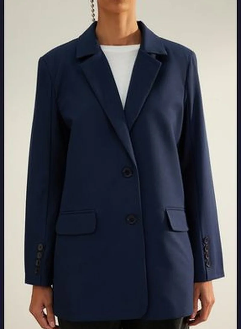 trendyol Navy Blue Premium Oversize Lined Woven Blazer Jacket TWOAW24BC00046