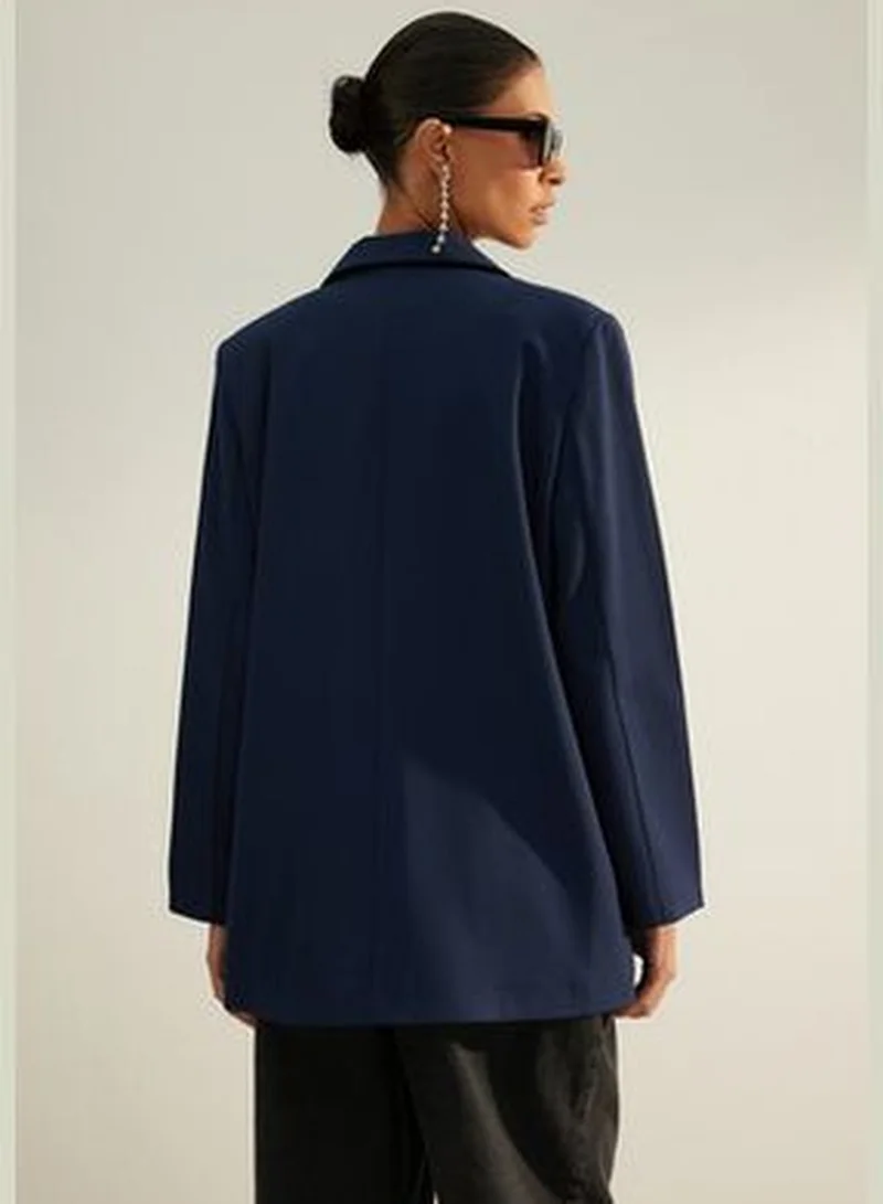 trendyol Navy Blue Premium Oversize Lined Woven Blazer Jacket TWOAW24BC00046