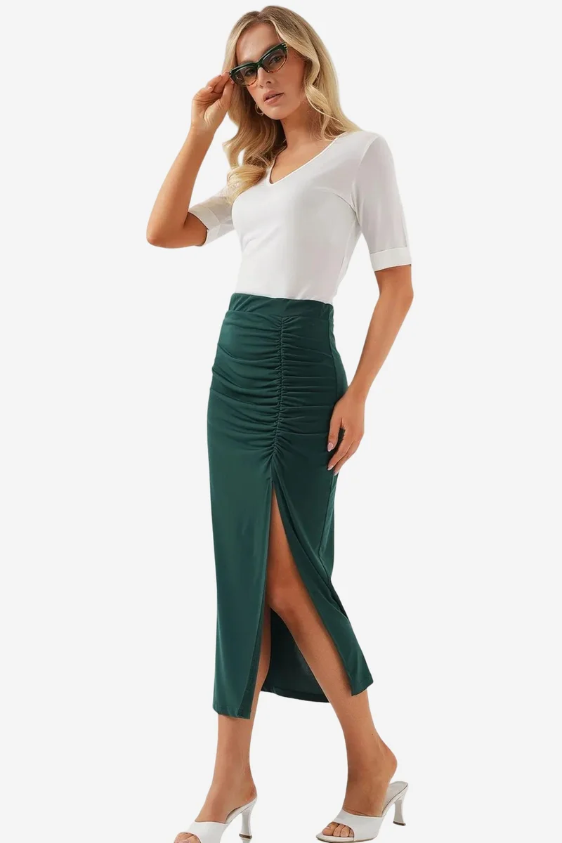 Big Dart Emerald Green BDART Maxi Fitted Jersey Skirt with Elastic Waist for Women | Best Price UAE