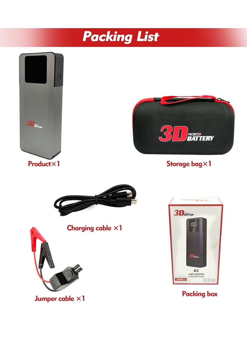 Generic 16,000mAh 2000A Portable Car Jump Starter - 12V Battery Booster, Power Bank, Safety Protection  - Image 3