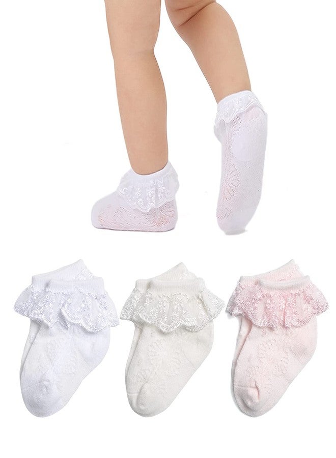 Mini angel Baby Lace Socks Newborn Girls Bow Pattern Eyelet Lace Ruffle Frilly Socks Soft Cotton Dress Socks with Box Gift Set,3 Pairs,White/Cream/Pink,0-3 Months - Image 1