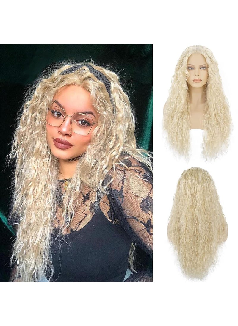 Ebingoo Ebingoo 613 Blonde Curly Lace Front Wig for Women +Wig Cap Light Platinum Blonde Long Loose Curly Lace Front Wig T Part Synthetic Hair Wig for Women Girls Daily Wear 