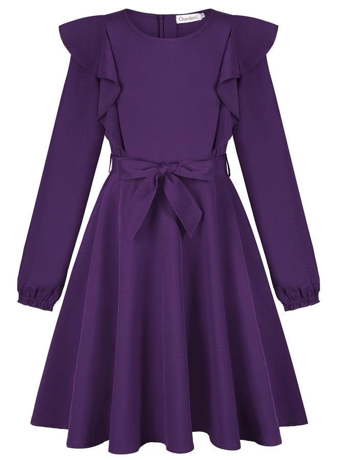 Quedoris Girls Ruffle Trim Long Sleeve Belted Dress with Zipper Dark Purple Fall 150Y, Dark Purple Fall, 11-12 Years - Image 2