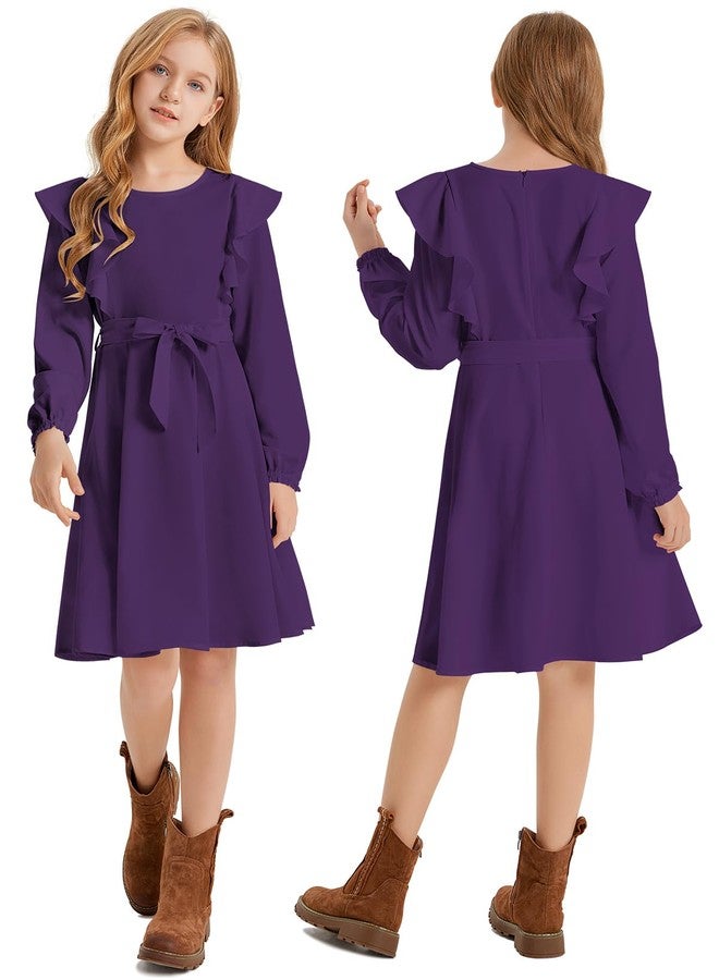 Quedoris Girls Ruffle Trim Long Sleeve Belted Dress with Zipper Dark Purple Fall 150Y, Dark Purple Fall, 11-12 Years - Image 4