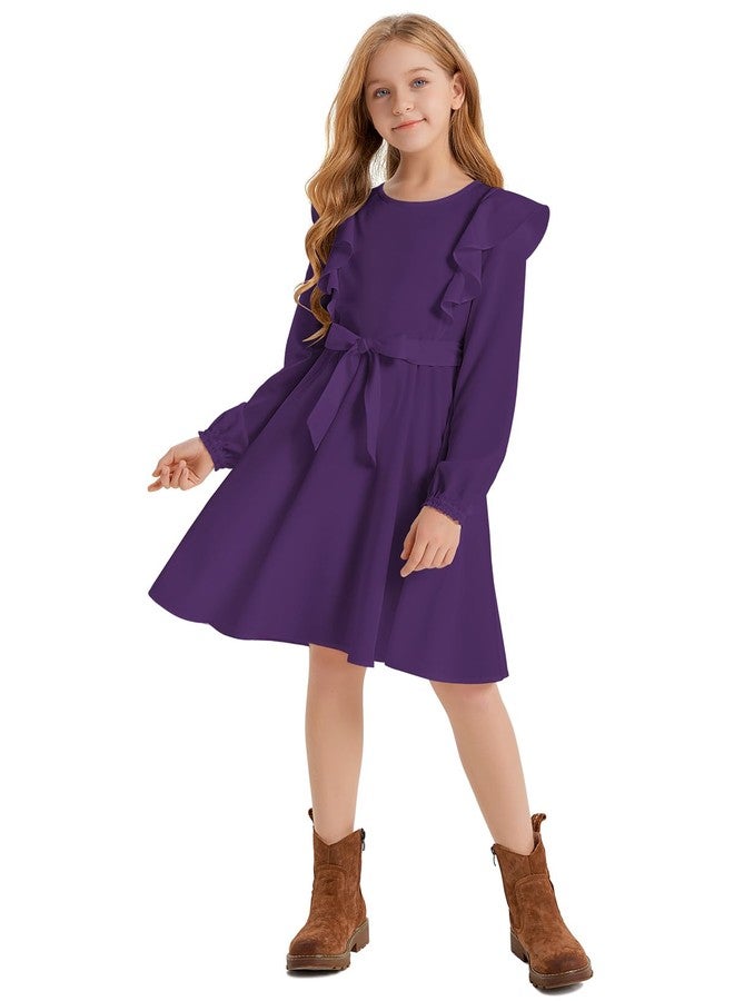 Quedoris Girls Ruffle Trim Long Sleeve Belted Dress with Zipper Dark Purple Fall 150Y, Dark Purple Fall, 11-12 Years - Image 3