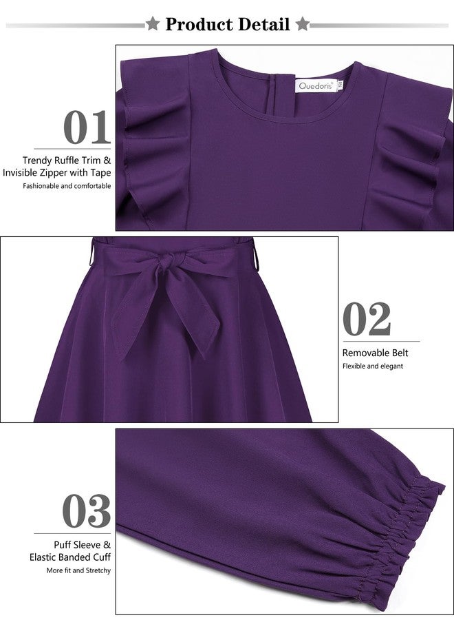 Quedoris Girls Ruffle Trim Long Sleeve Belted Dress with Zipper Dark Purple Fall 150Y, Dark Purple Fall, 11-12 Years - Image 5