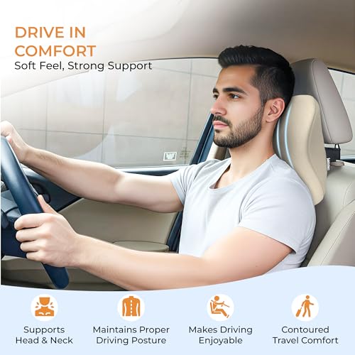 CareFoam Memory Foam Car Neck Pillow for Driving Comfort – Ergonomic Headrest Cushion for Neck & Spine Support – Adjustable Strap, Breathable Washable Cover, Ideal for Long Drives | Beige Velvet - Image 2