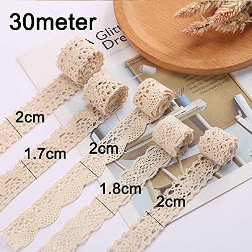 HERZWILD 32.8 Yards Beige Scalloped Edge Lace Antique Crochet Cotton Lace Trim Vintage Decorative Textile Decorative Ribbon Cotton Fabric for Sewing Craft Wedding Decoration(30m/B) - Image 2