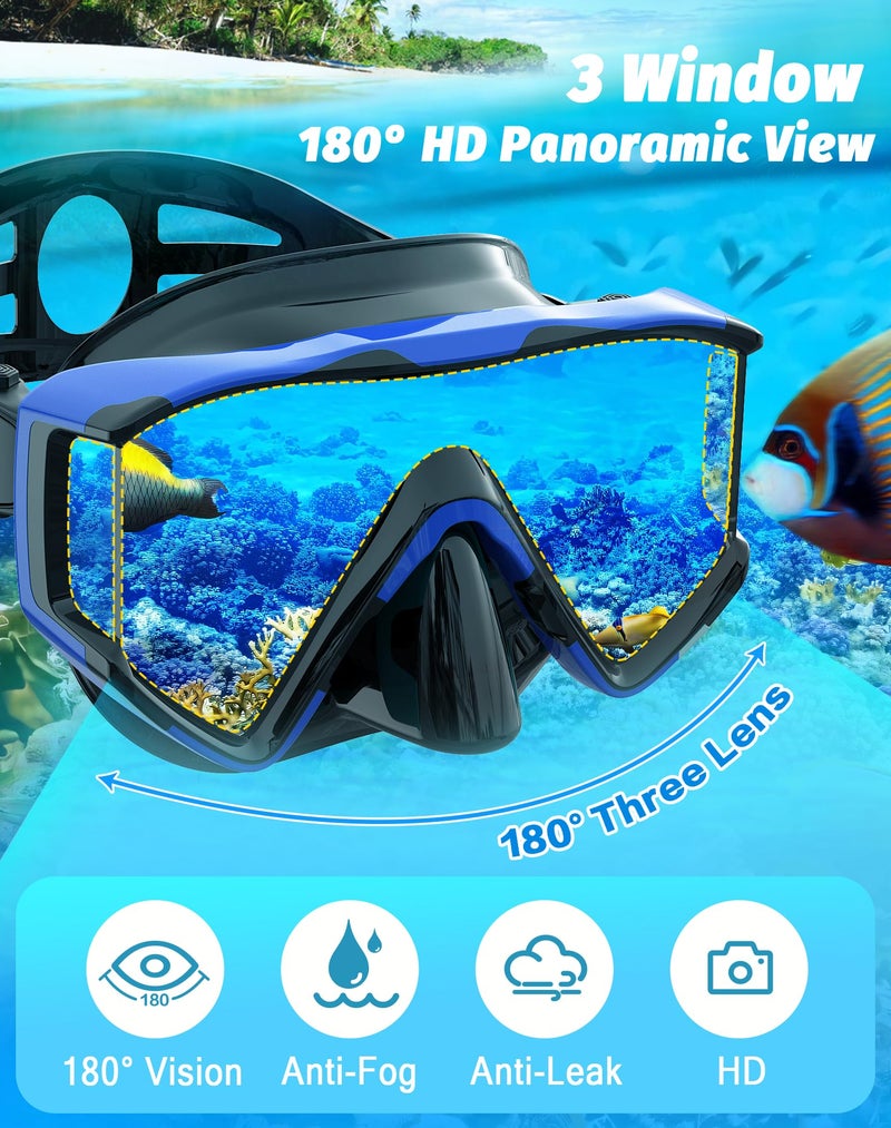 Greatever Snorkel Set Pano 3 Window Snorkel Mask Adult, Panoramic Wide View, Anti-Fog Scuba Diving Mask, Anti-Leak Snorkel Goggles Dry Top Snorkel, Professional Snorkeling Gear for Adults - Image 2