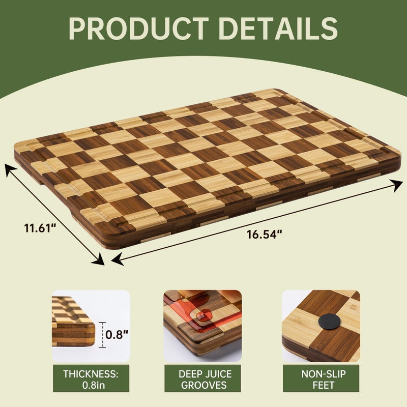 THETCHRY Checkered Bamboo Cutting Board, Thick End-Grain Wood Cutting Boards for the Kitchen, Chopping Boards with Juice Groove, Non-Slip, Durable & Crack-Resistant, Perfect Gifts 16.5â€ x 11.6â€ x 0.8â€ - Image 4