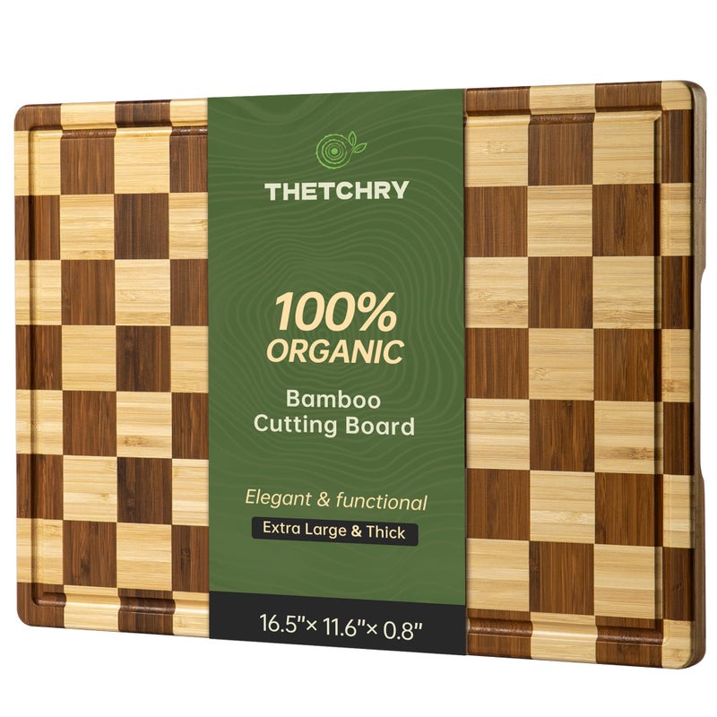 THETCHRY Checkered Bamboo Cutting Board, Thick End-Grain Wood Cutting Boards for the Kitchen, Chopping Boards with Juice Groove, Non-Slip, Durable & Crack-Resistant, Perfect Gifts 16.5â€ x 11.6â€ x 0.8â€ - Image 1