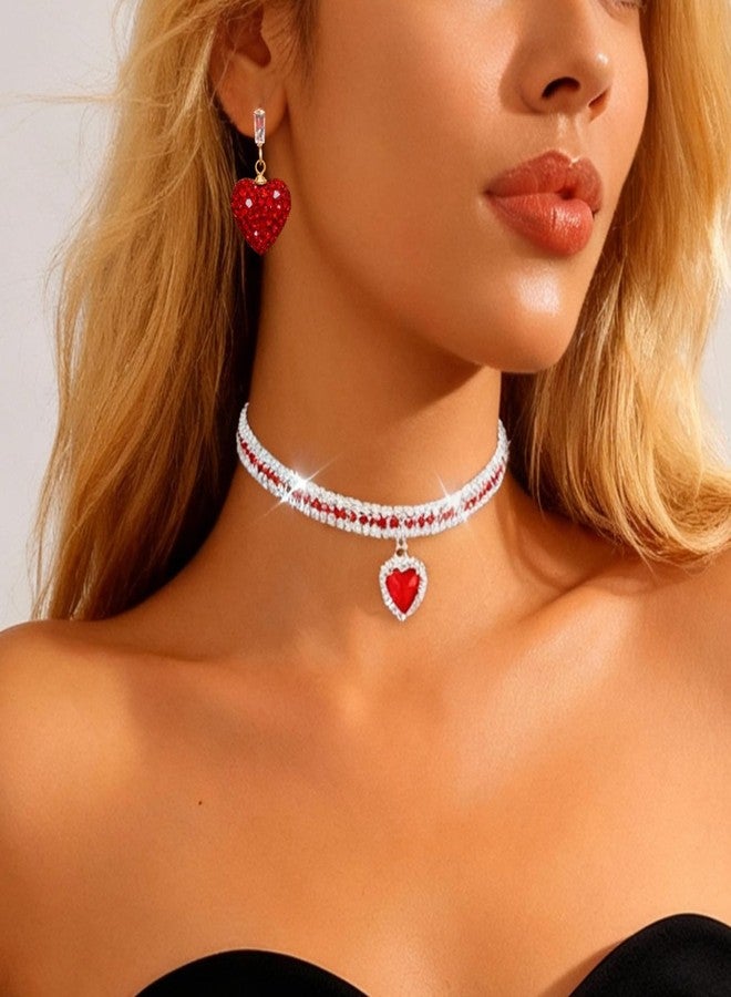 JAVARNV Red Heart Earrings and Necklace Set for Women Sparkly Rhinestone Heart Necklaces Valentines Day Gifts for Her Prom Party Valentine Outfits for Women - Image 2