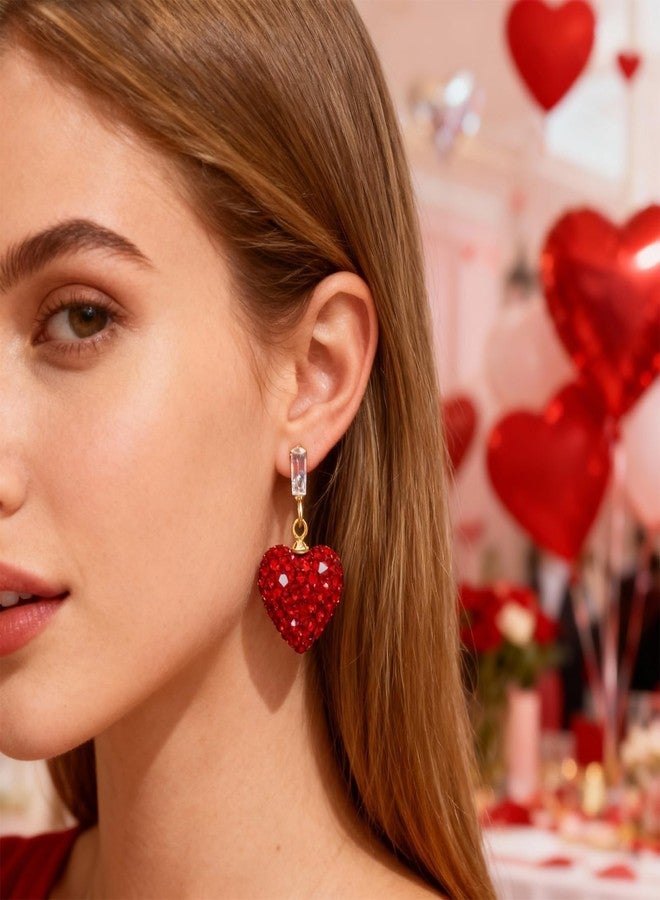 JAVARNV Red Heart Earrings and Necklace Set for Women Sparkly Rhinestone Heart Necklaces Valentines Day Gifts for Her Prom Party Valentine Outfits for Women - Image 4
