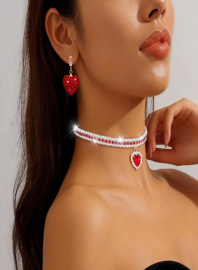JAVARNV Red Heart Earrings and Necklace Set for Women Sparkly Rhinestone Heart Necklaces Valentines Day Gifts for Her Prom Party Valentine Outfits for Women - Image 3