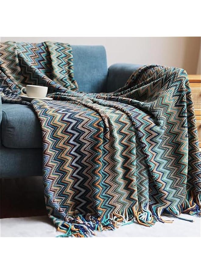 HOOKOR Knitted Throw Blankets for Couch and Bed, Soft Cozy Knit Blanket with Tassel, Off White Lightweight Decorative Blankets and Throws, Farmhouse Warm Woven Blanket,130 * 180cm (Bohemian-Blue) - Image 1