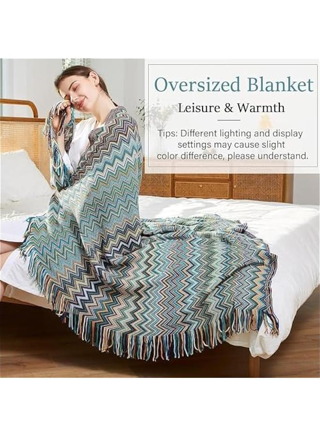 HOOKOR Knitted Throw Blankets for Couch and Bed, Soft Cozy Knit Blanket with Tassel, Off White Lightweight Decorative Blankets and Throws, Farmhouse Warm Woven Blanket,130 * 180cm (Bohemian-Blue) - Image 5