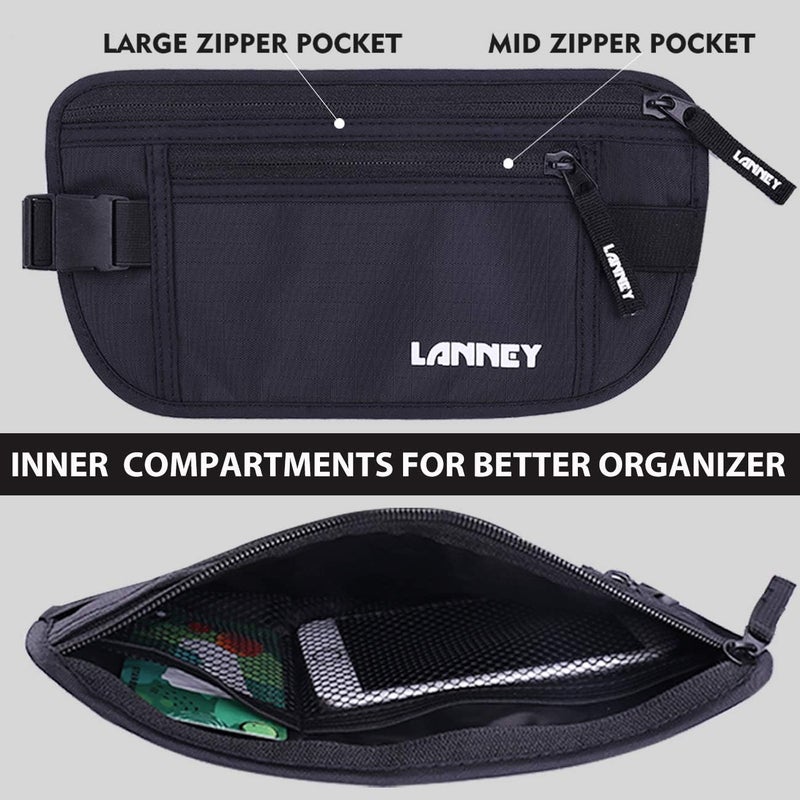 LANNEY حزام المال للسفر، حزام رفيع مضاد لتقنية RFID للنساء والرجال، حقيبة سفر مخفية تحت الملابس، حامل جواز السفر لحماية النقود، المستندات، بطاقة الائتمان، باللون الأسود، هدية 2 غلاف RFID - Image 4