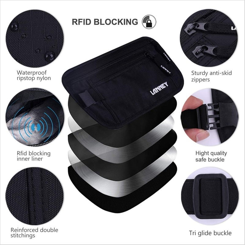 LANNEY حزام المال للسفر، حزام رفيع مضاد لتقنية RFID للنساء والرجال، حقيبة سفر مخفية تحت الملابس، حامل جواز السفر لحماية النقود، المستندات، بطاقة الائتمان، باللون الأسود، هدية 2 غلاف RFID - Image 2