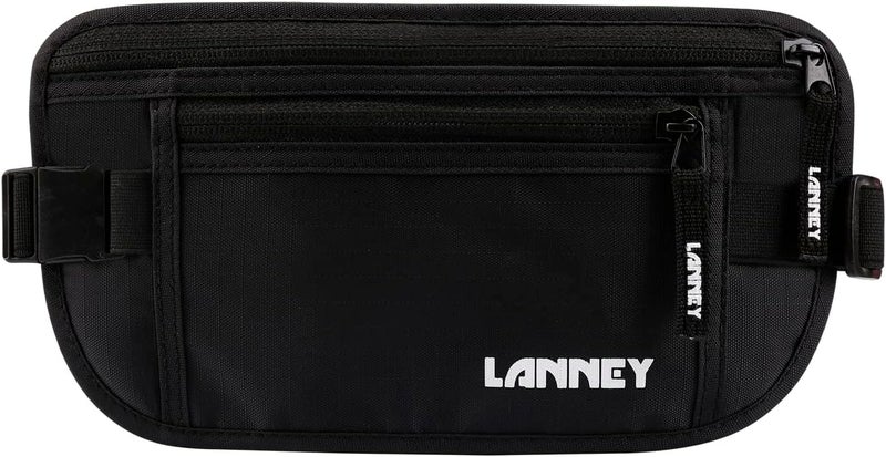 LANNEY حزام المال للسفر، حزام رفيع مضاد لتقنية RFID للنساء والرجال، حقيبة سفر مخفية تحت الملابس، حامل جواز السفر لحماية النقود، المستندات، بطاقة الائتمان، باللون الأسود، هدية 2 غلاف RFID - Image 1