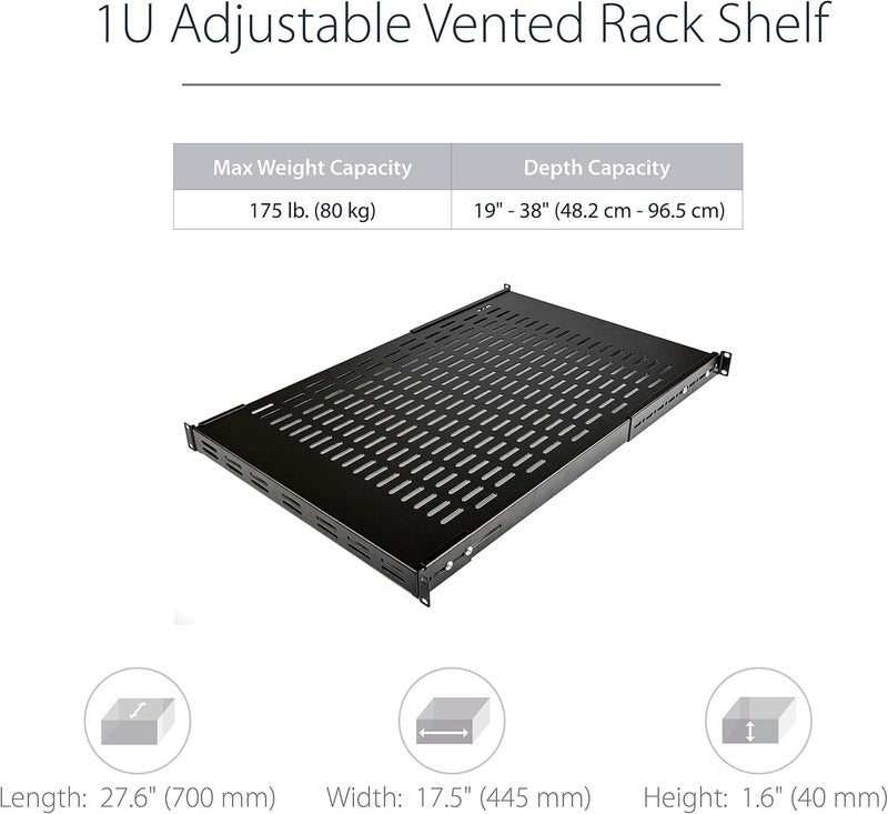 StarTechcom 1U Adjustable Vented Server Rack Mount Shelf  175lbs  195 to 38in Adjustable Mounting Depth Universal Tray for 19 AV Network Equipment Rack  275in Deep  TAA ADJSHELF - Image 2