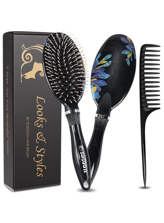 Sosoon Hair Brush Sosoon Boar Bristle Hair Brushes For Women Men Kids Thick Curly Dry Wet Hair Smoothing Detangling Hairbrush Adds Shine And Improves Hair Texture With Hair Comb (Black) - Image 1