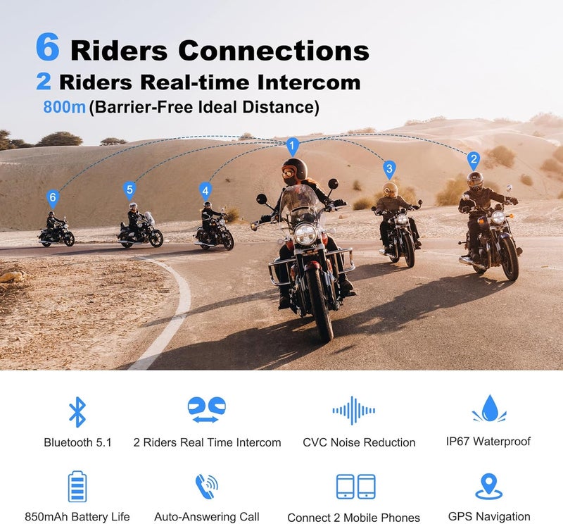 EJEAS سماعة بلوتوث للدراجات النارية V6 Pro، نظام اتصال خوذة محدث لراكبين مع ميزة الرد التلقائي وتقليل الضوضاء لركوب الدراجات والتزلج والتسلق (عبوة 2) - Image 2
