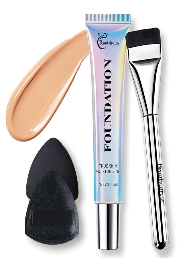 OKADY Hydrating Foundation Liquid 45ml - Medium Coverage, Natural Skin Finish, Buildable & Long Lasting Makeup with Hyaluronic Acid & Niacinamide - Includes Foundation Brush & Blender Sponge (WO5) - Image 1