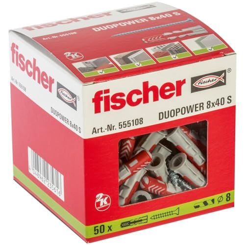 fischer DuoPower S, 50 Plugs&50 Screws Metric Version Powerful Universal Plug with Intelligent 2-Component Technology for Fastenings in Concrete, Bricks, Drywall, Chipboard (50, 5/16"x1-5/8" (8x40mm)) - Image 5