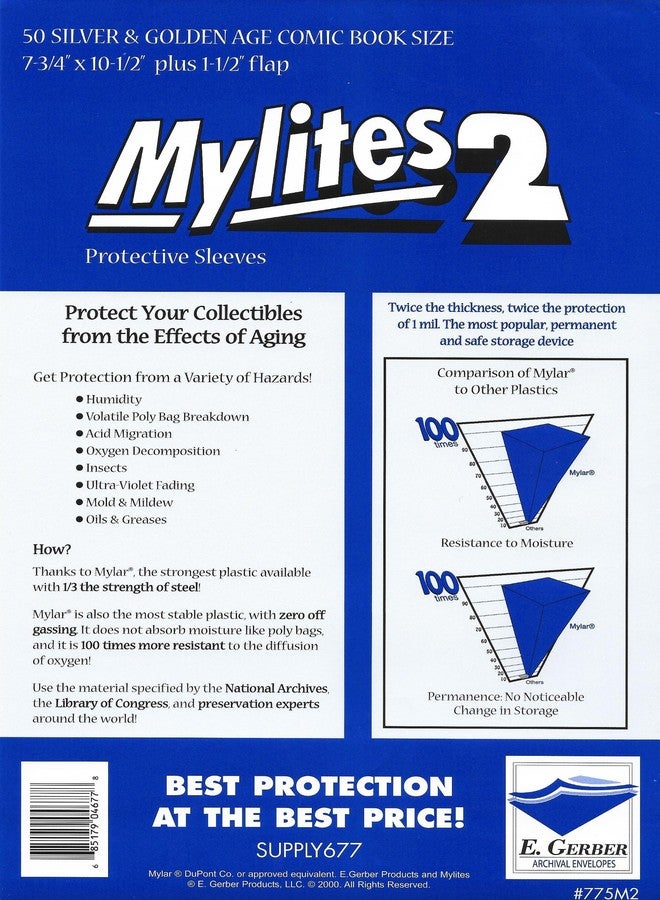 E. Gerber Mylites 2 Mil Comic Book Silver & Golden Age Size 7 3/4" x 10 1/2" Plus 1-1/2" Flap Pack of 50