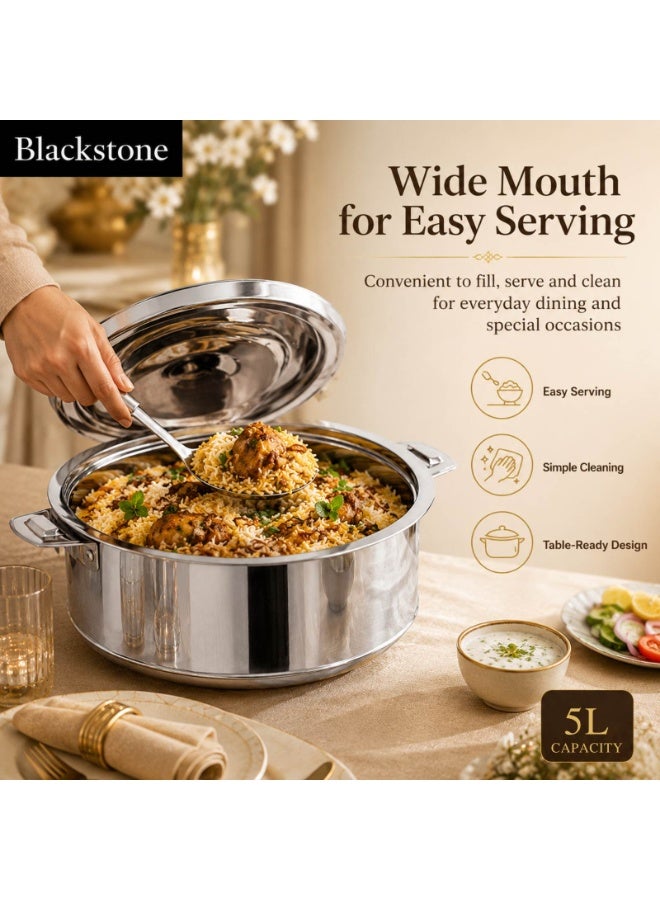 BLACKSTONE Stainless Steel Casserole Lightweight Easy to Handle Hotpot with Lid Silver-Madina 5000ml/5.0Ltr - Image 2