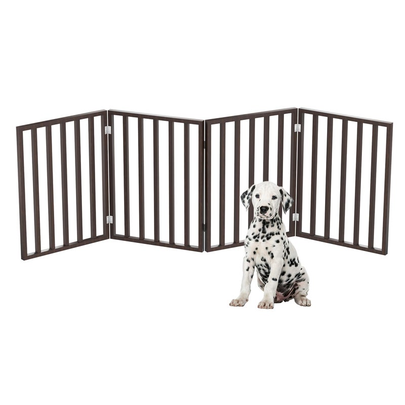 Pet Gate 4Panel Indoor Foldable Dog Fence for Stairs Hallways or Doorways 72x24Inch Retractable Wood Freestanding Dog Gates by PETMAKER Brown