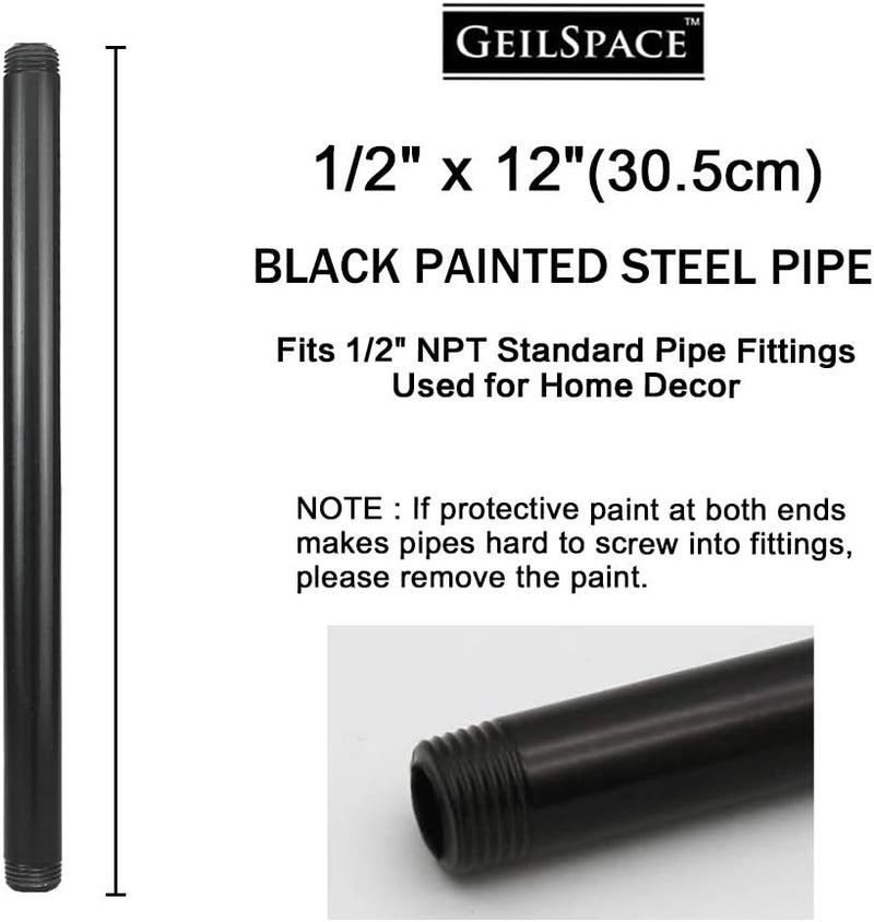 GeilSpace 6 Pack 1/2" × 12" Pre-Cut Black Metal Pipe, Industrial Steel Fits Standard Half Inch Black Threaded Pipes and Fittings - Vintage DIY Industrial Shelving (1/2" × 12") - Image 2
