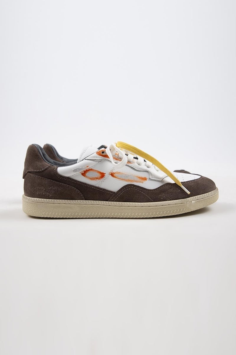 Krahe Artemis Men's Genuine Leather Distressed Hand-Painted Sneakers with Laces and Two Spare Laces, White-Mink - Image 2