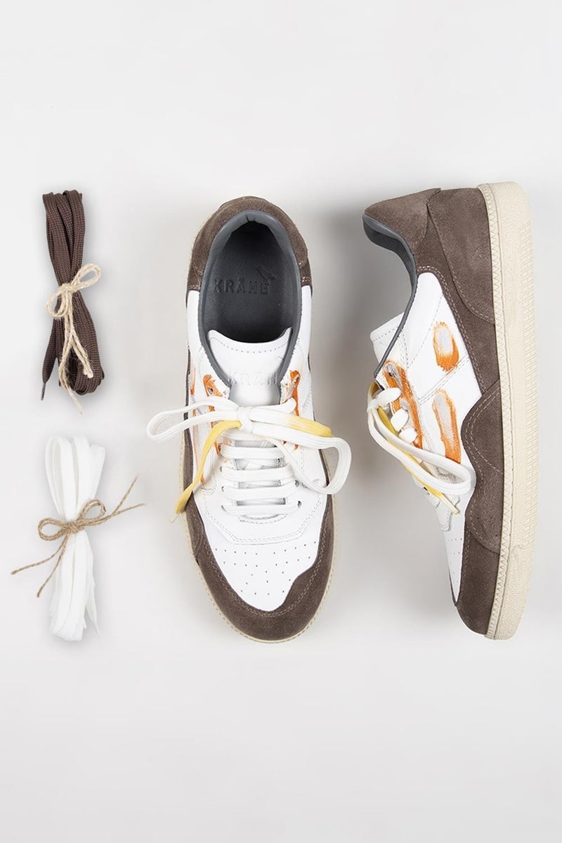 Krahe Artemis Men's Genuine Leather Distressed Hand-Painted Sneakers with Laces and Two Spare Laces, White-Mink - Image 1