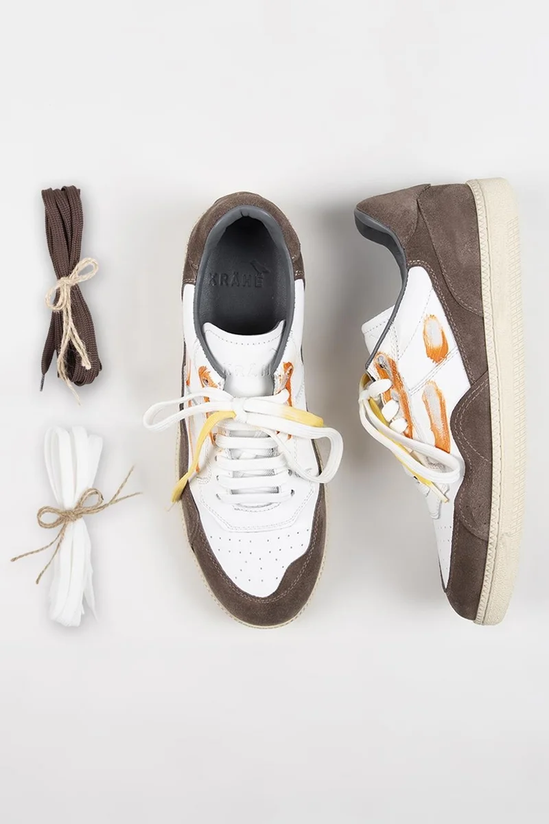 Krahe Krahe Artemis Men's Genuine Leather Distressed Hand-Painted Sneakers with Laces and Two Spare Laces, White-Mink