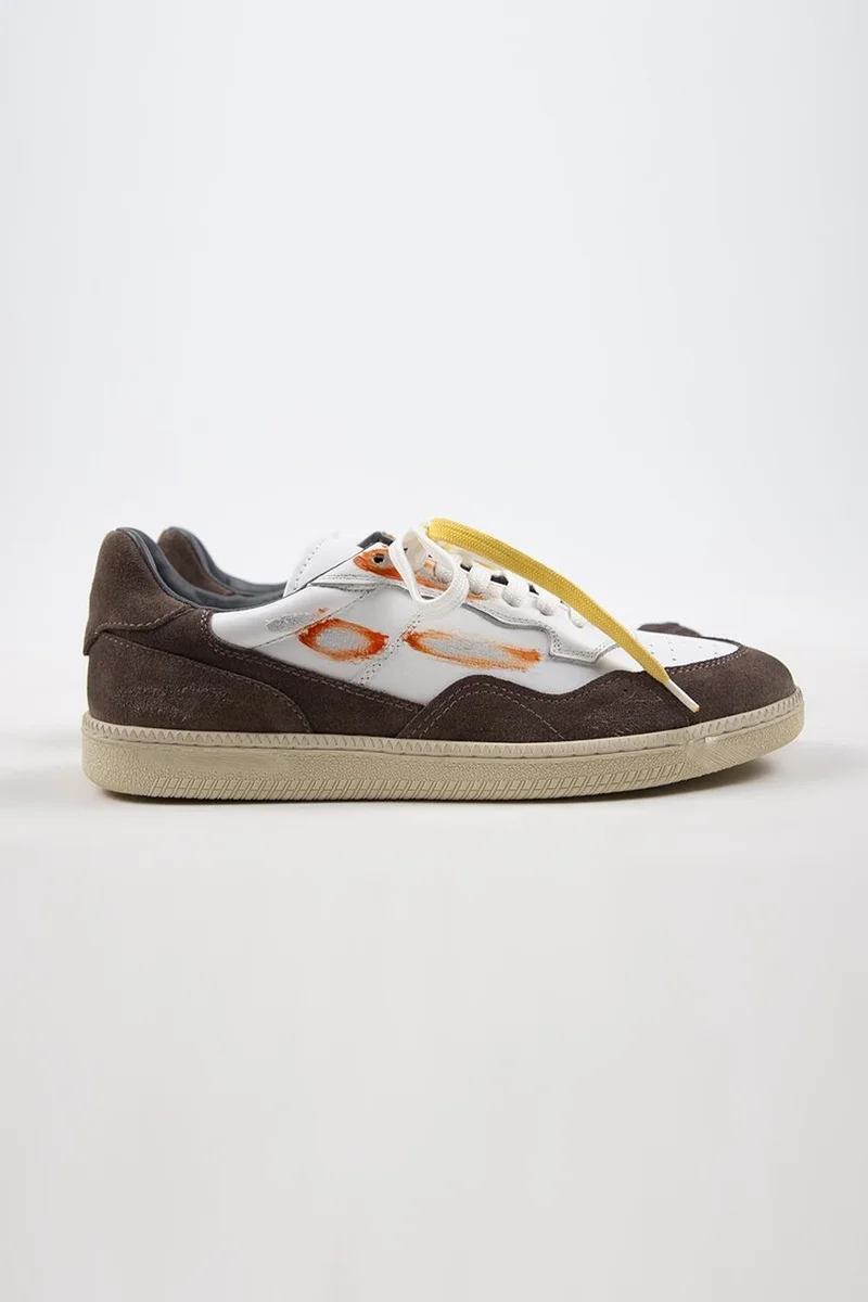 Krahe Krahe Artemis Men's Genuine Leather Distressed Hand-Painted Sneakers with Laces and Two Spare Laces, White-Mink