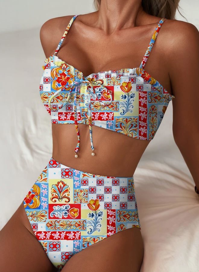 Herseas 2 Piece High Waisted Floral Print Bikini Set for Women, Multicolor Mosaic, M - Image 3