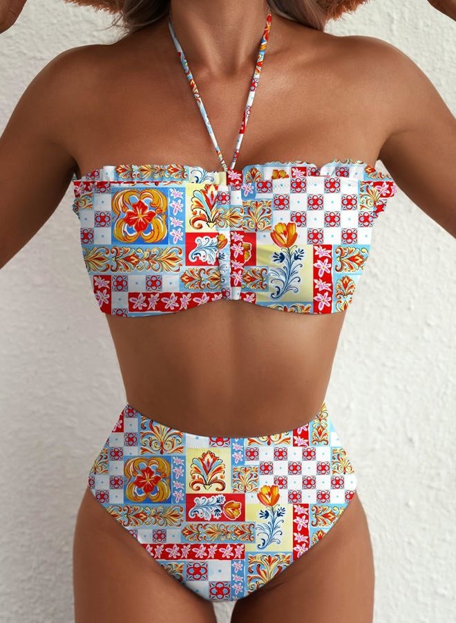 Herseas 2 Piece High Waisted Floral Print Bikini Set for Women, Multicolor Mosaic, M - Image 5