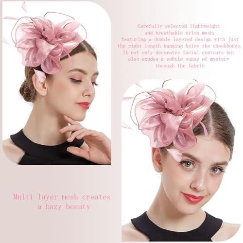 Aeenioy Fascinator Hats for Women, Pink Tea Party Hat, Elegant Bridal Veil for Wedding, Stylish Chidakash Hat for Women, Fashionable Accessory for Cocktail Parties and Races - Image 5